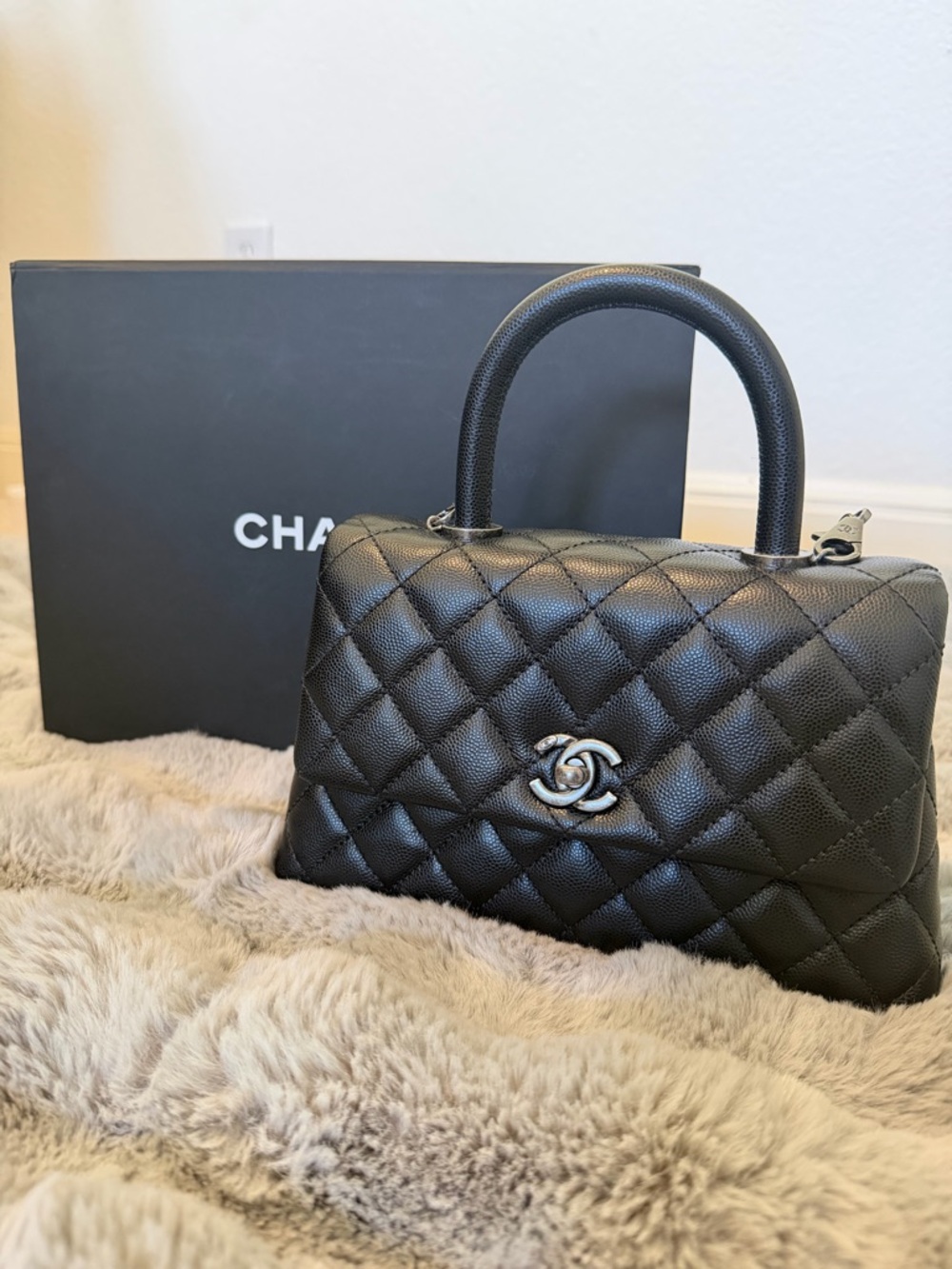 Coco Caviar Black Quilted Small Top Handle Bag with Strap EUC